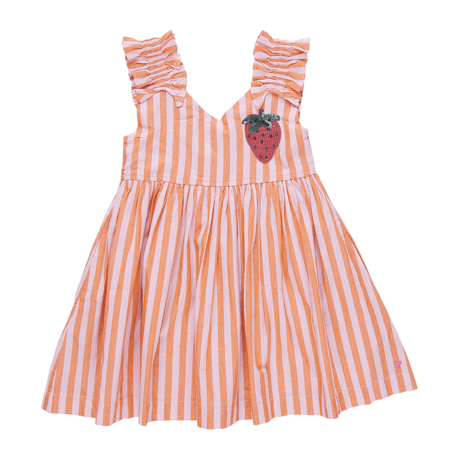 pink and orange stripe A-line dress with an embellished strawberry in under the strap. ruffled details on the straps and small 'v' in the neckline. 