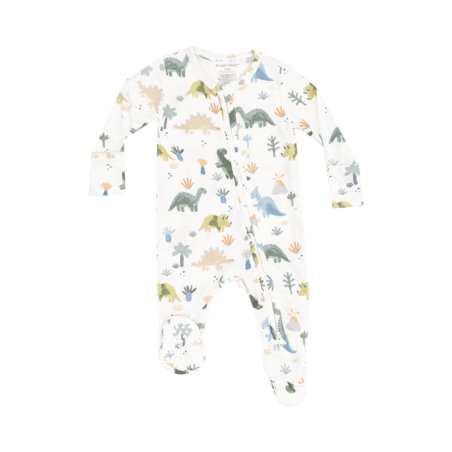 baby footie with pastel dinosaurs all over it. 