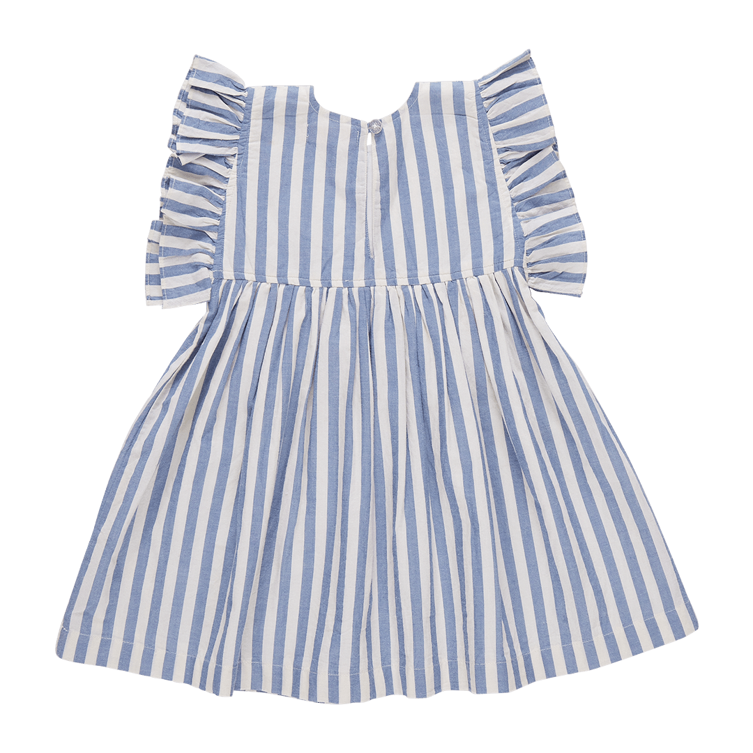 blue and white striped girls dress , back of the dress with one button on the top of the dress. 