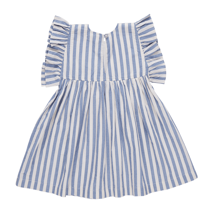 blue and white striped girls dress , back of the dress with one button on the top of the dress. 