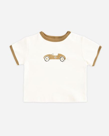 White t-shirt with brown trim and a small car graphic on a white background