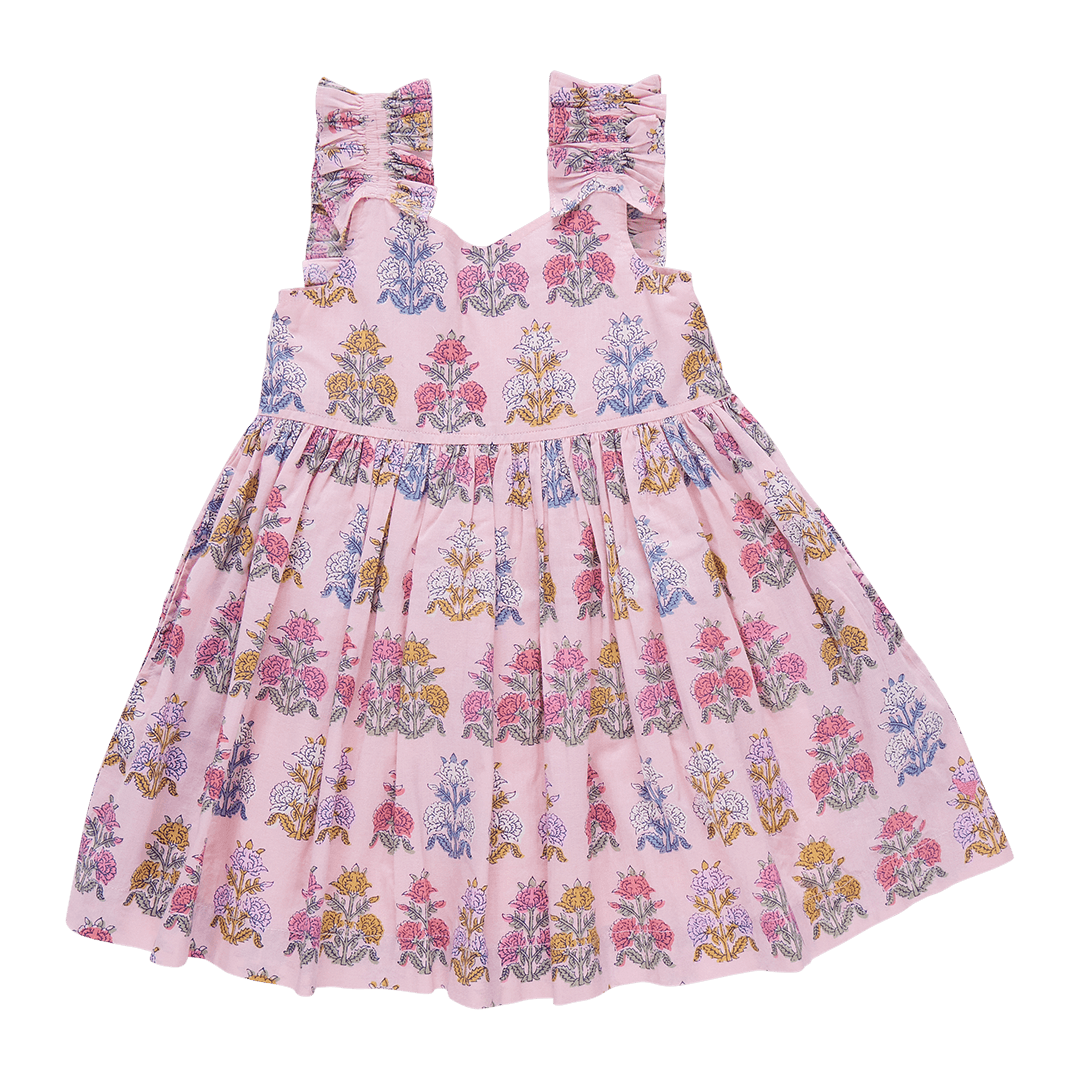 pink dress with empire waist and pretty bohemian floral print. all different colors: blue, yellow and dark pink