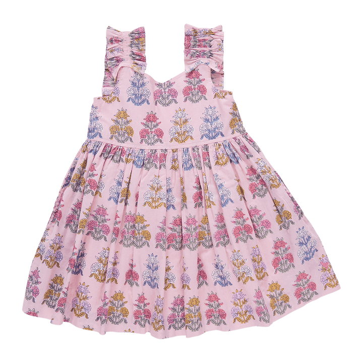 pink dress with empire waist and pretty bohemian floral print. all different colors: blue, yellow and dark pink