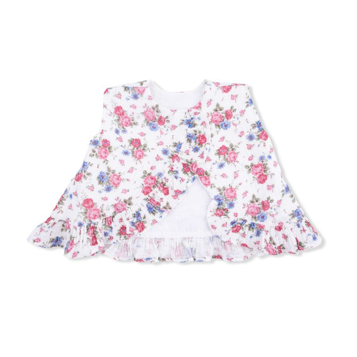 Back of a Floral top with ruffled hem on a white background