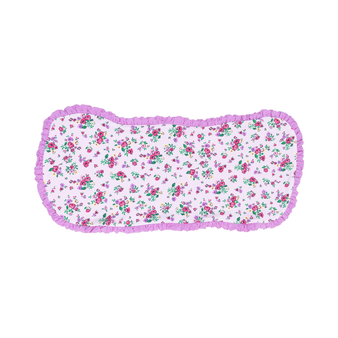 baby burp cloth in lavender with multi colored florals and purple ruffle around the burp cloth