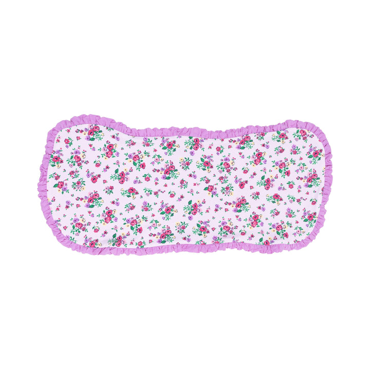 baby burp cloth in lavender with multi colored florals and purple ruffle around the burp cloth