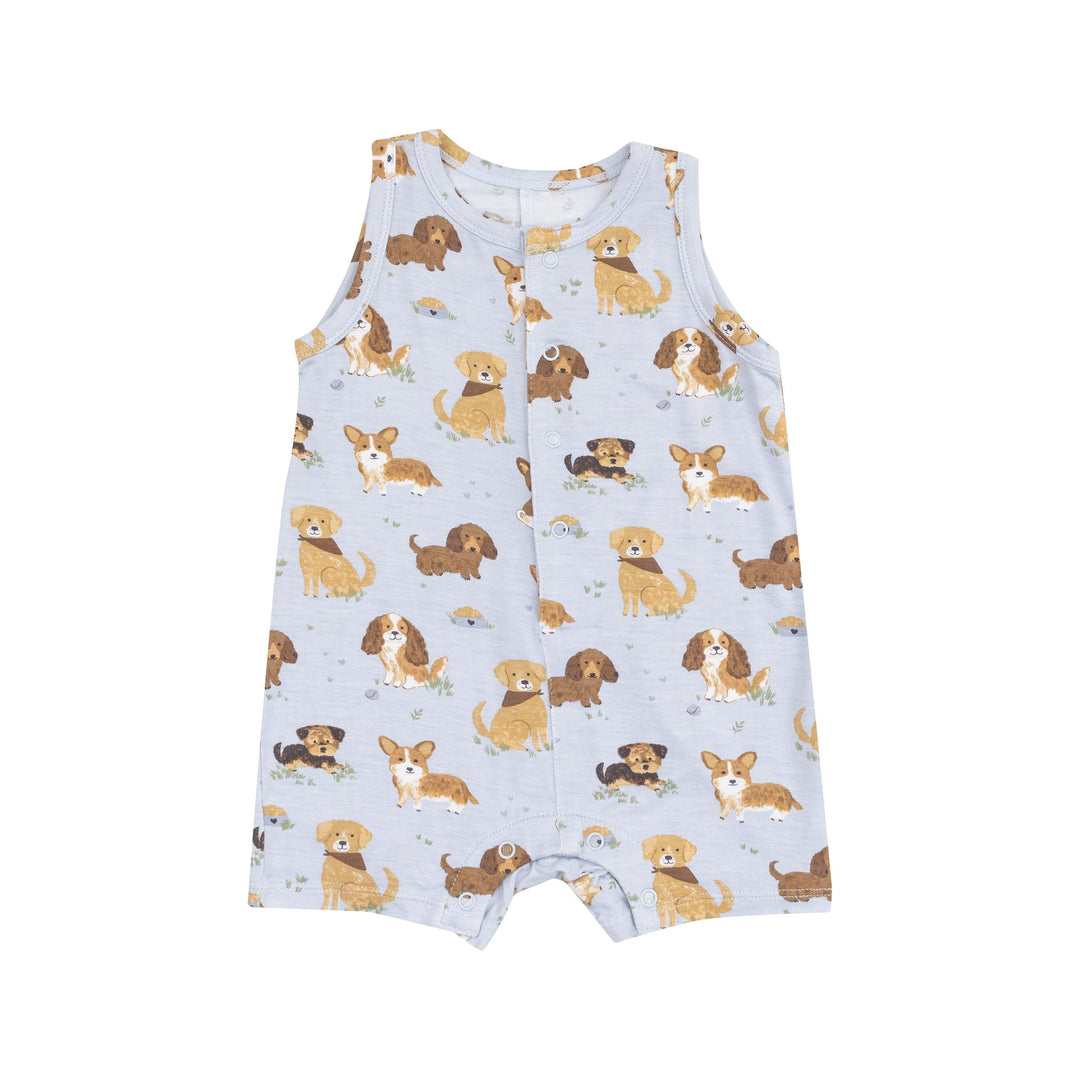baby boy jumpsuit with al different dogs in tan and browns. 