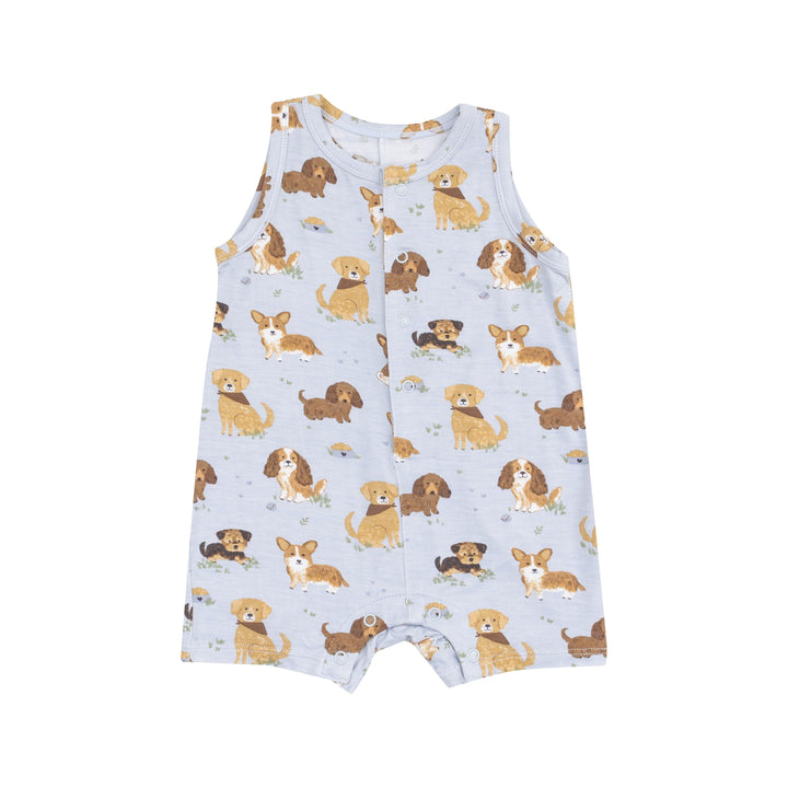 baby boy jumpsuit with al different dogs in tan and browns. 