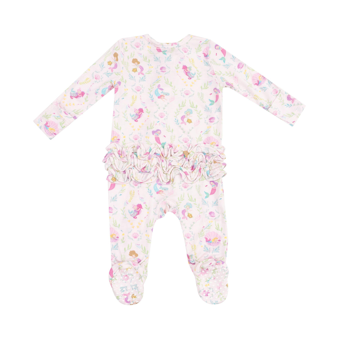 back of baby footie with tiny mermaids all over the footie, the mermaids are pink and lavender with turquoise accents.  ruffles on the bum. 
