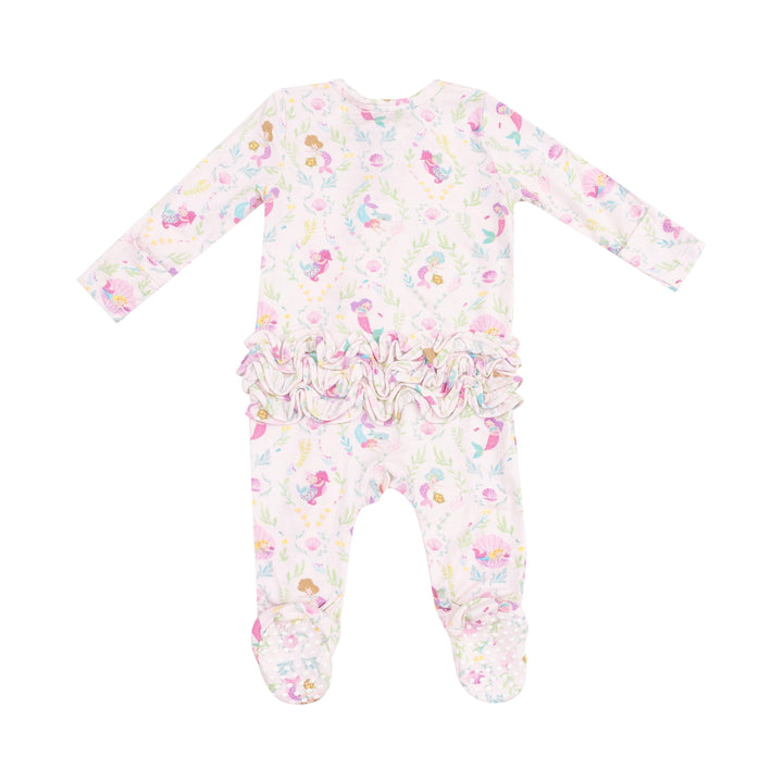 back of baby footie with tiny mermaids all over the footie, the mermaids are pink and lavender with turquoise accents.  ruffles on the bum. 