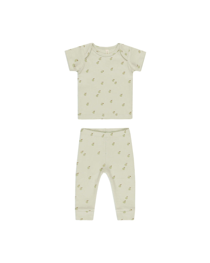 baby ribbed short sleeve top and matching legging set. mint green with tiny green apples. 
