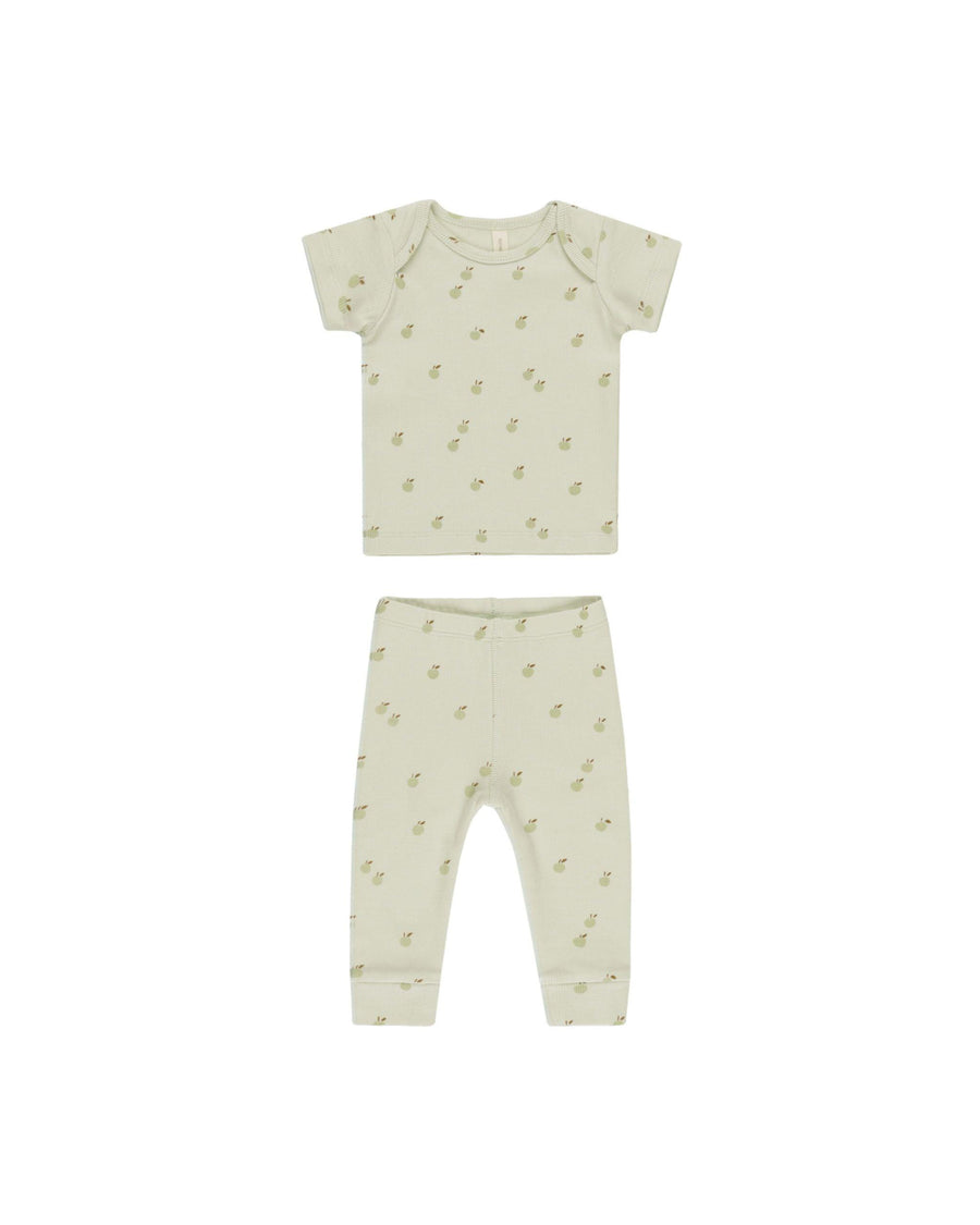 baby ribbed short sleeve top and matching legging set. mint green with tiny green apples. 