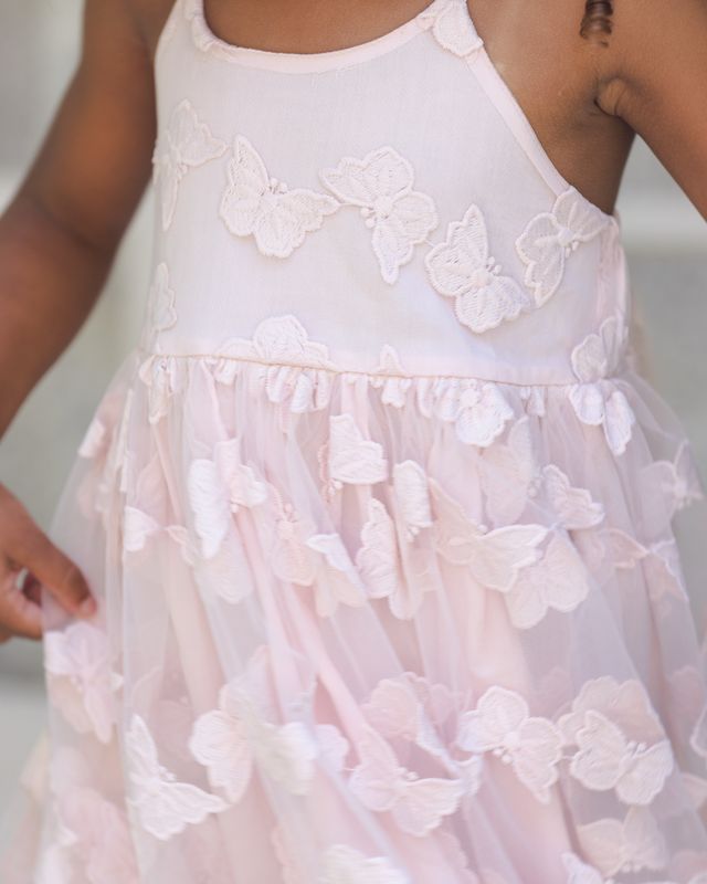Light pink dress with butterfly details on a blurred background