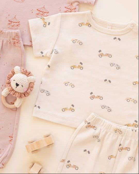 Baby clothing set with race car patern throughout