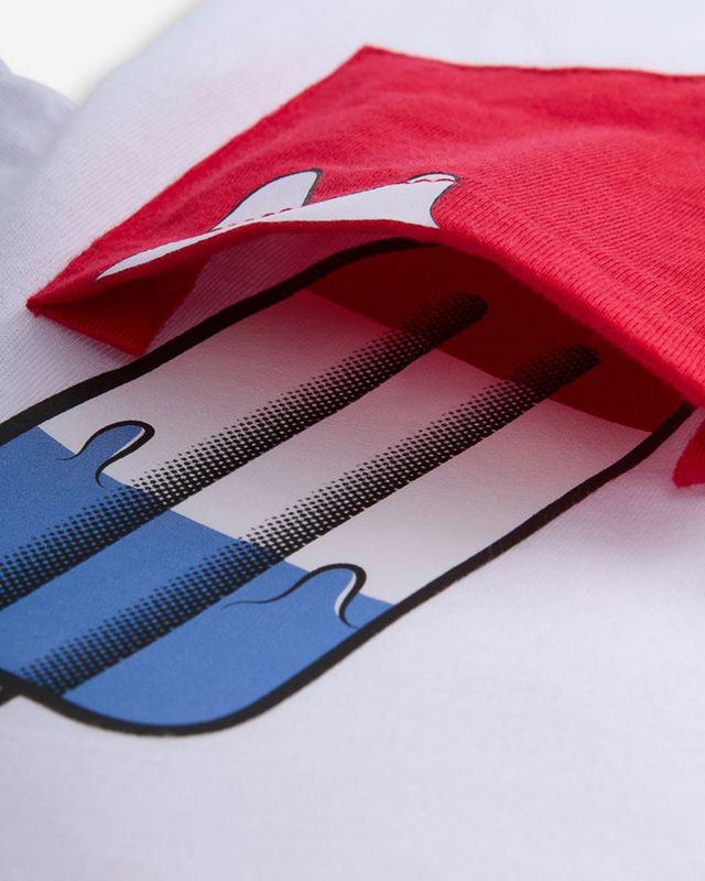 Close-up of a rocket pop with red, white, and blue design on a white background