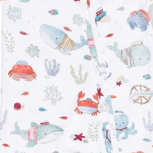 Baby onesie with sea creature pattern on a white background