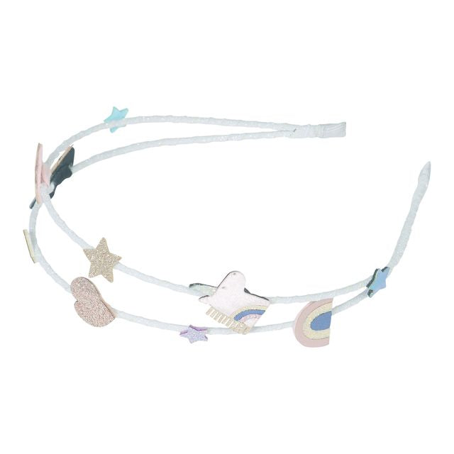 Decorative headband with colorful charachters and charms on a white background