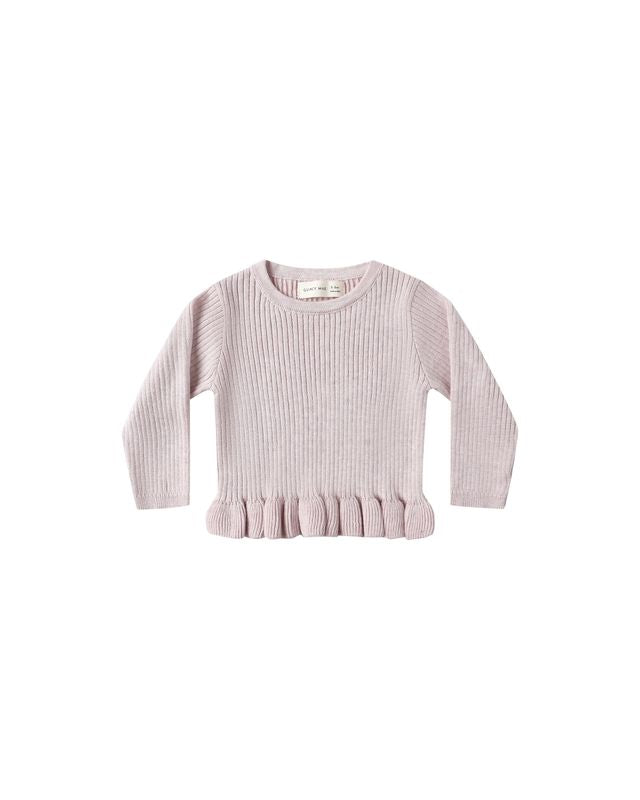 lilac ribbed sweater with ruffled hem on a white background