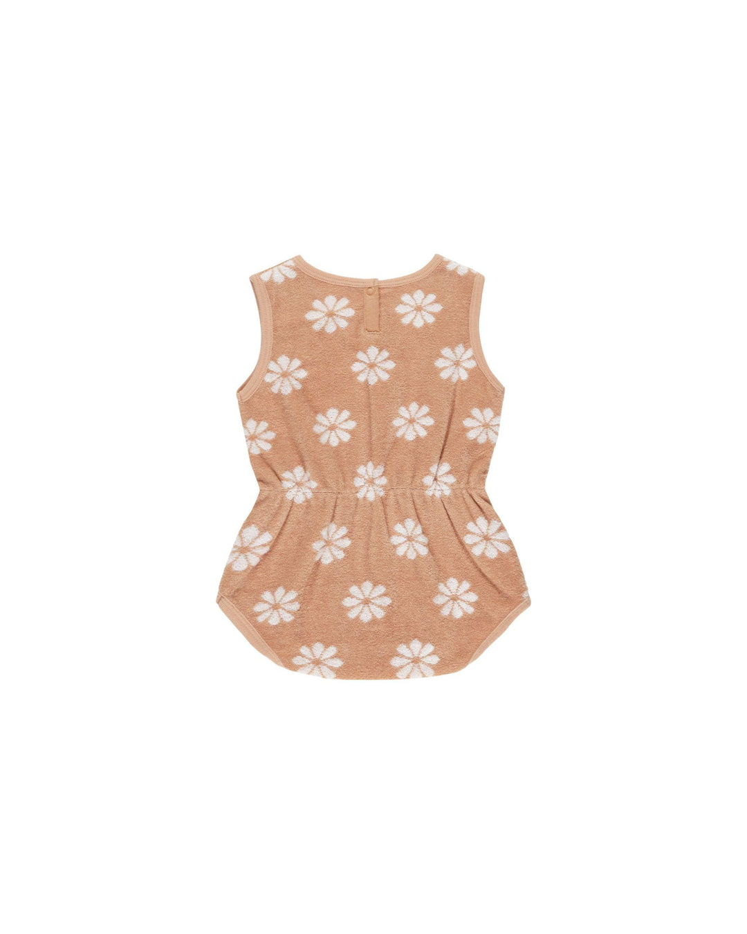cinch playsuit with snaps at the bottom. grapefruit color with beige daisies all over. this is the back with two snaps at the top. 