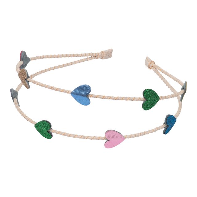 double headband with colorful heart-shaped pendants on a white background