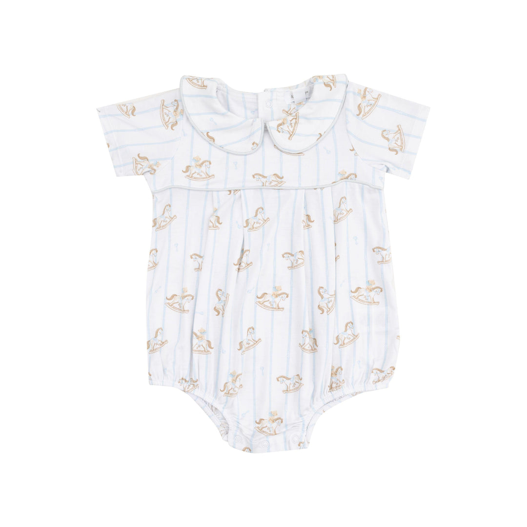 Baby Boy Jumpsuits and Rompers | Classic Box Pleat Bubble- Vintage Rocking Horse- Blue | Angel Dear