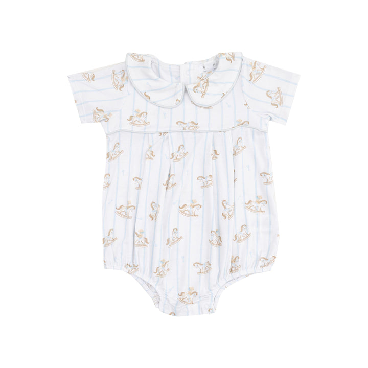 Baby Boy Jumpsuits and Rompers | Classic Box Pleat Bubble- Vintage Rocking Horse- Blue | Angel Dear