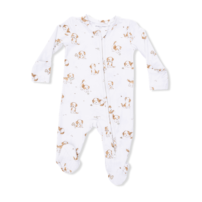 White baby onesie with brown animal pattern on a white background