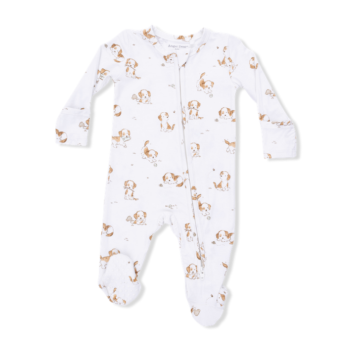 White baby onesie with brown animal pattern on a white background