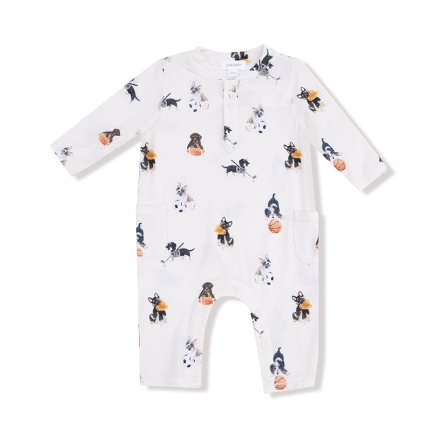 White baby onesie with black and gray dog pattern playing sports 