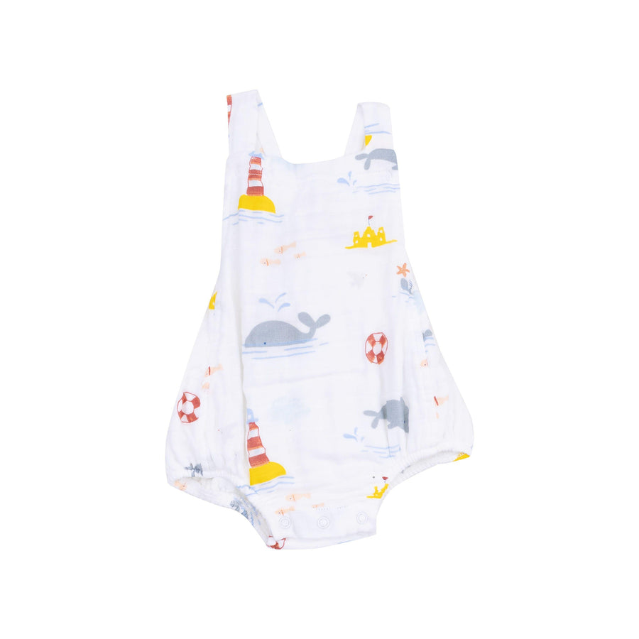baby boy sunsuit with criss cross back and nautical theme all over. 