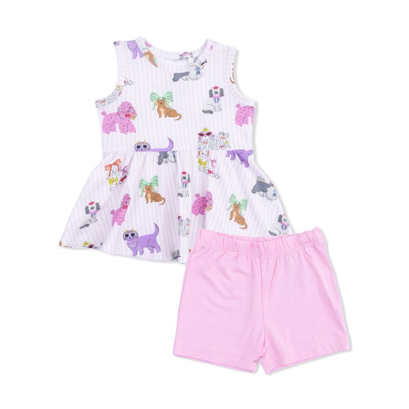 Children's sleeveless top and pink shorts set with dog pattern on a white background
