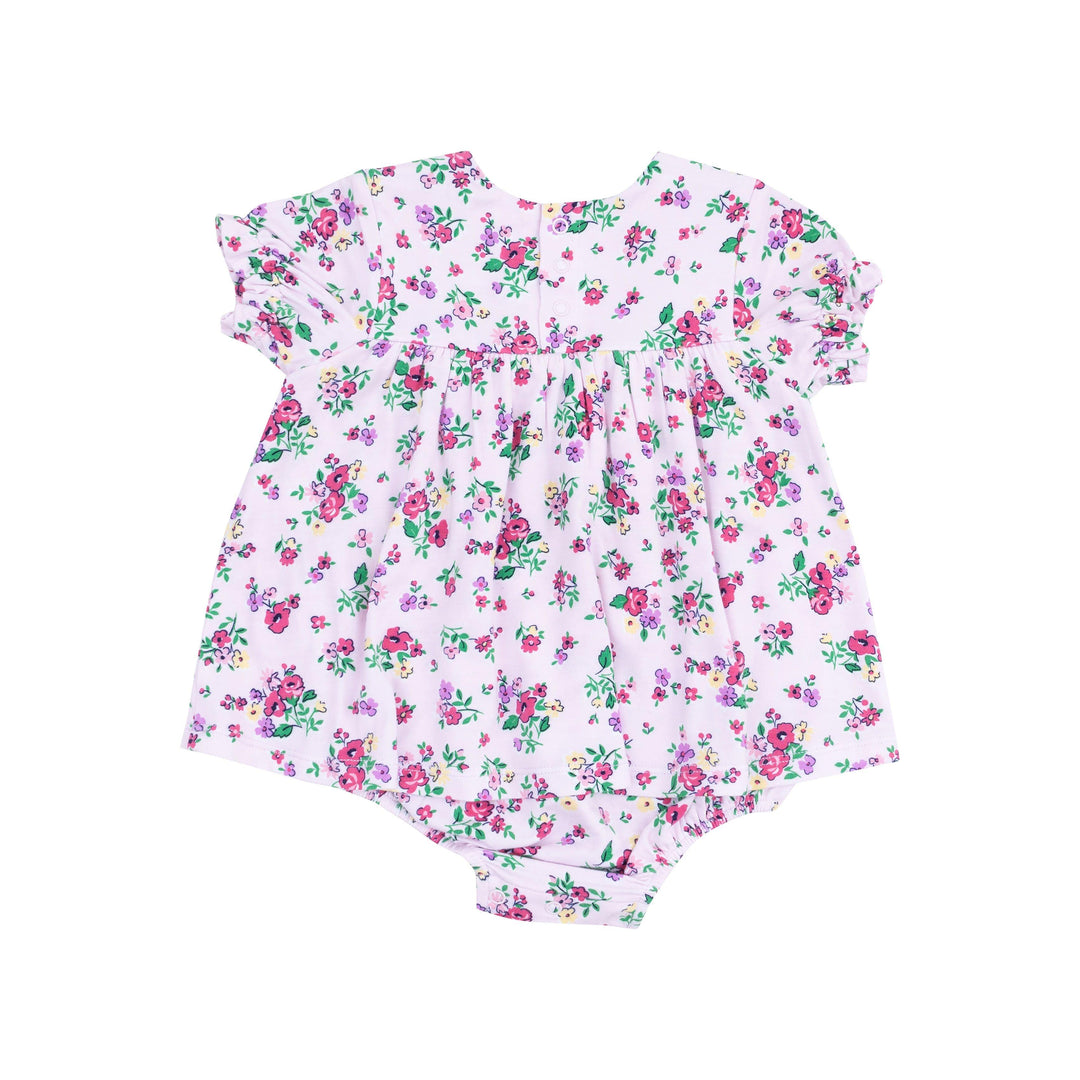back of outitwith 2 snaps on top. lavender outfit with deep pink and purple flowers 