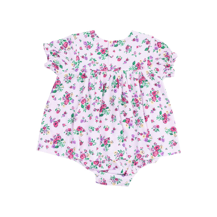 back of outitwith 2 snaps on top. lavender outfit with deep pink and purple flowers 
