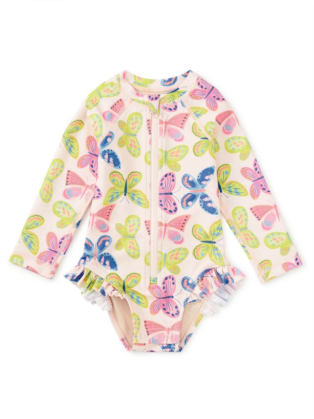 Children's swimsuit with butterfly pattern on a white background