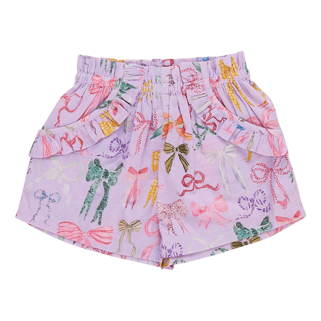 lavender shorts with all different style bows and colors: red, blue, pink, white and green. ruffles at the pocket. 