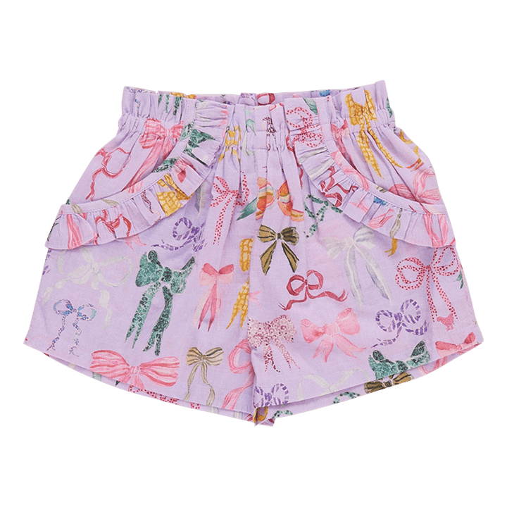 lavender shorts with all different style bows and colors: red, blue, pink, white and green. ruffles at the pocket. 