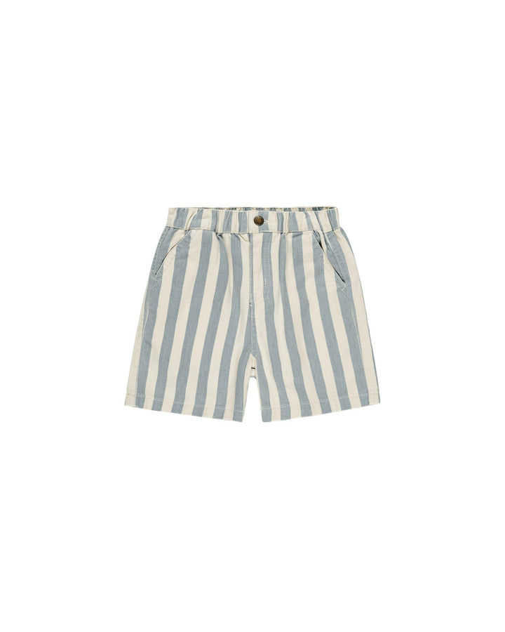 blue and white vertical stripes on shorts with button at the elastic waist. 
