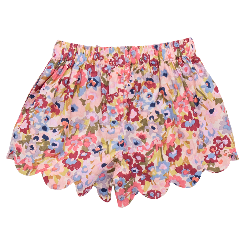 Floral patterned shorts with scallop edge on a white background