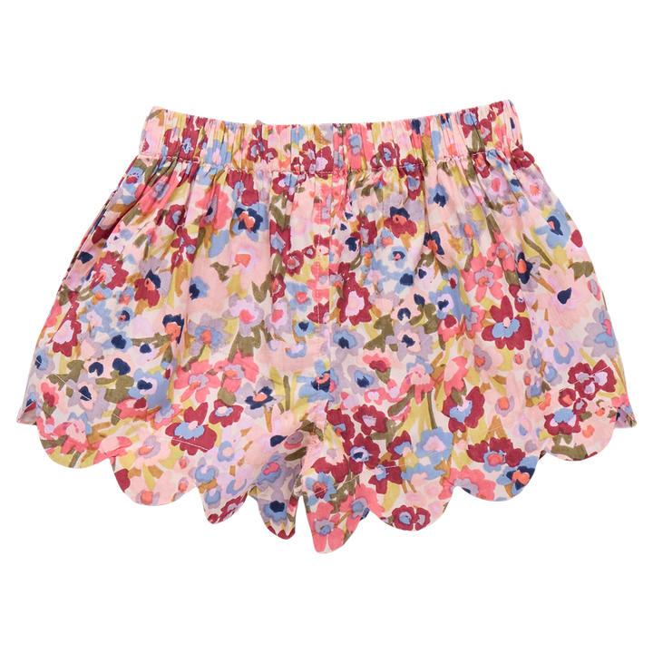 Floral patterned shorts with scallop edge on a white background