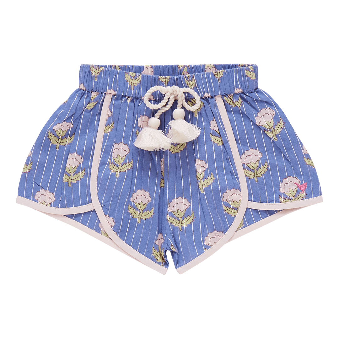 girls shorts french blue color, baby pink piping with baby pink flowers and silver lurex running through it. 