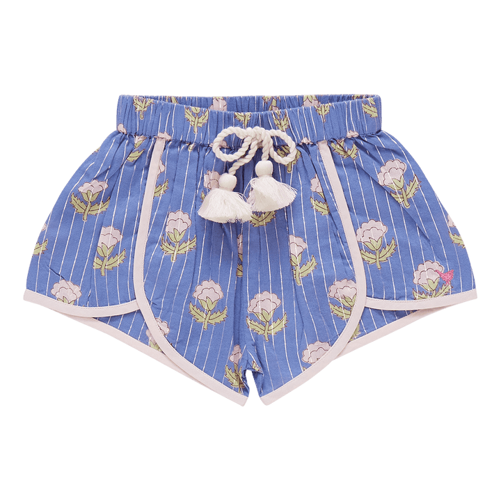 girls shorts french blue color, baby pink piping with baby pink flowers and silver lurex running through it. 