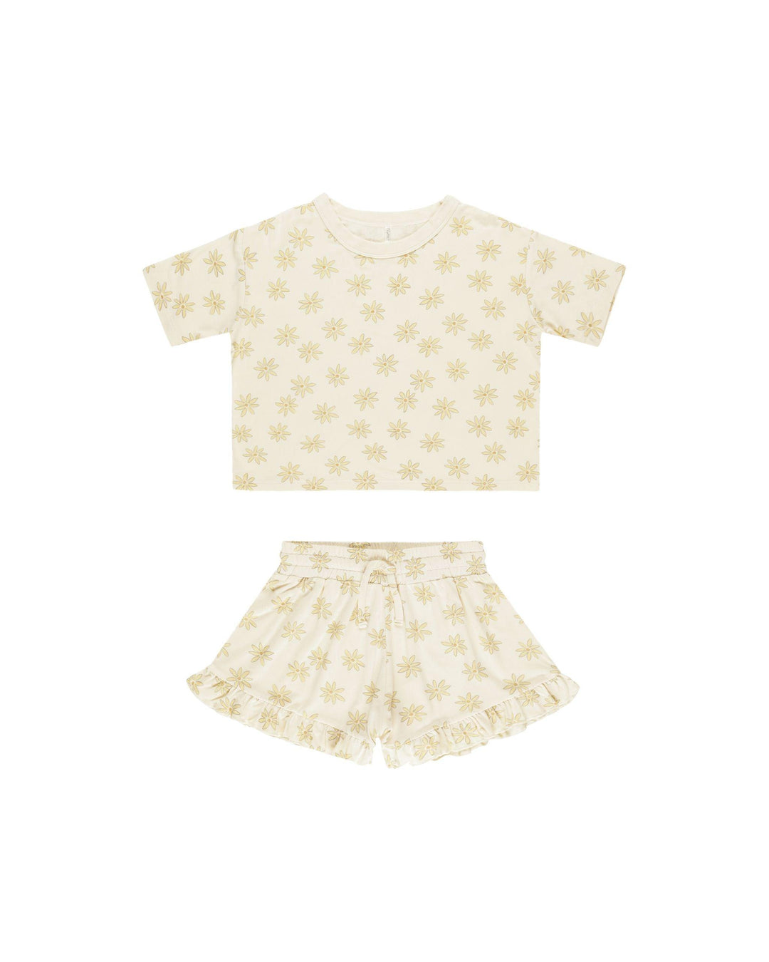 2 piece set for girls top and bottom with daisies on it. shorts have small ruffle on the bottom and drawstring waist 