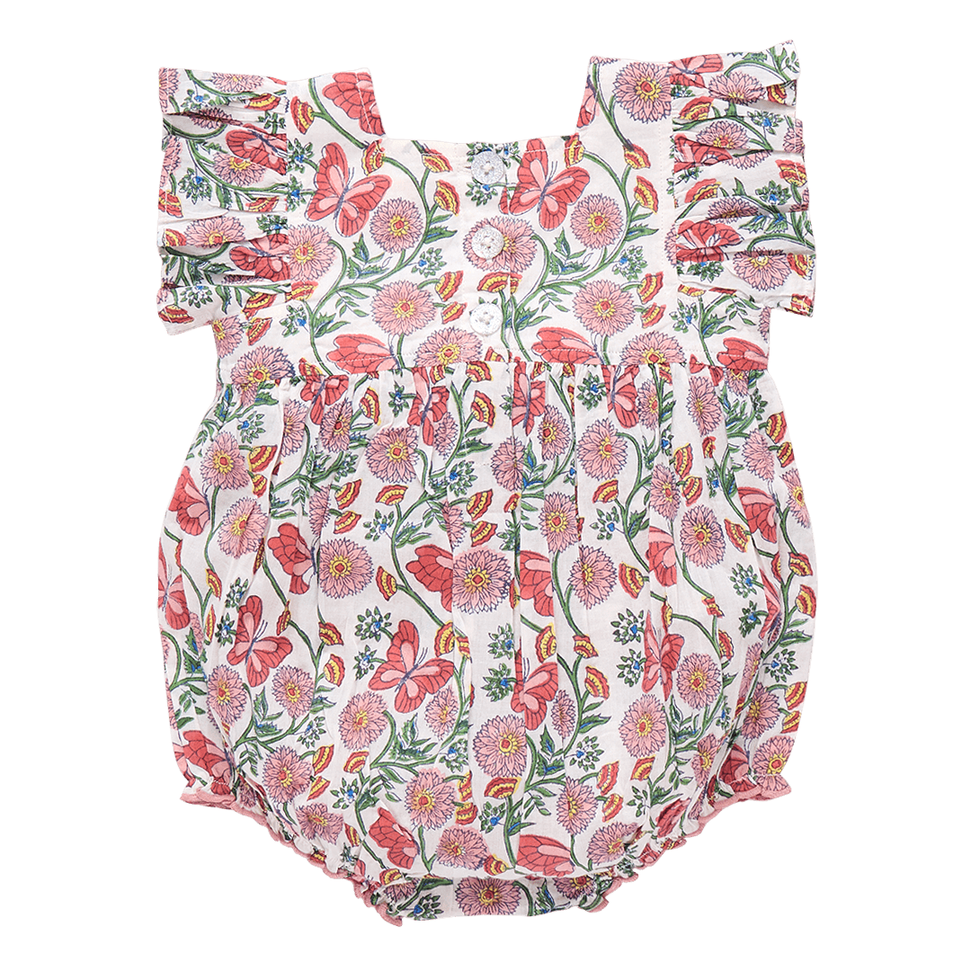 baby bubble with three buttons at the back and ruffles at the sleeves. pink floral and butterfly print. 