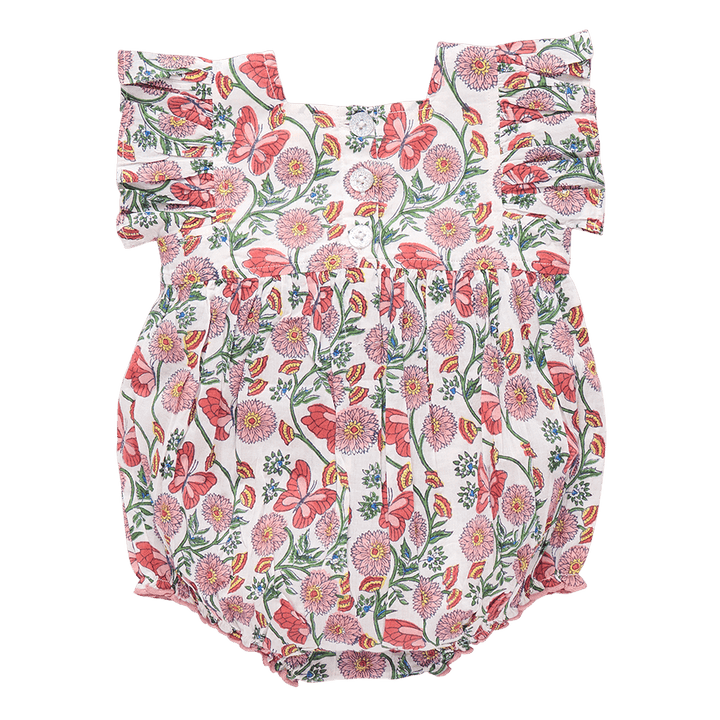 baby bubble with three buttons at the back and ruffles at the sleeves. pink floral and butterfly print. 