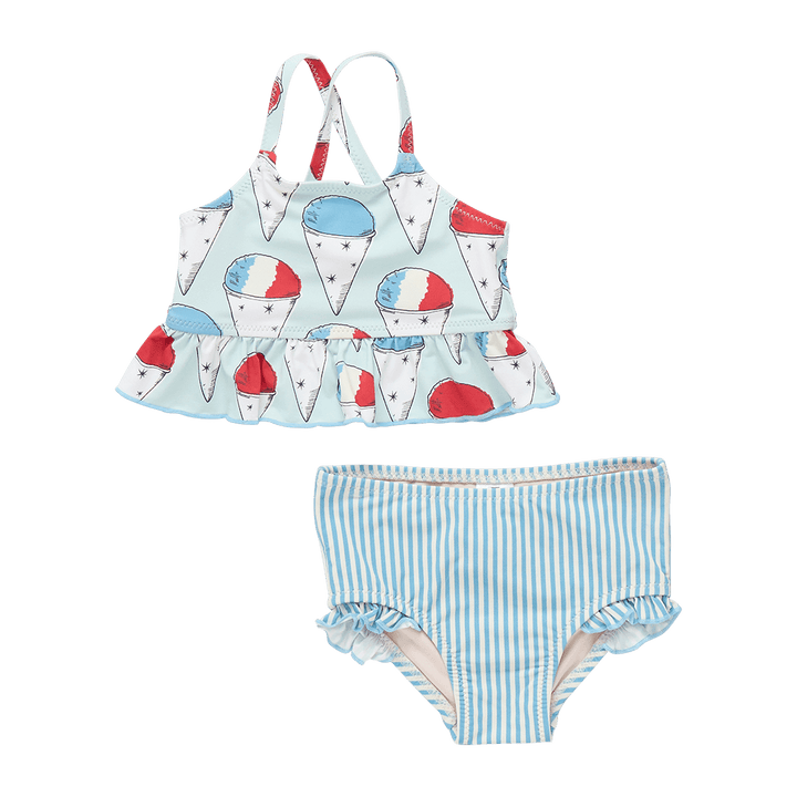 2 piece baby girl bathing suit, top is light blue with snow cones all over it. snow cones have red, white and blue tops. bottoms are blue and white stripe. 