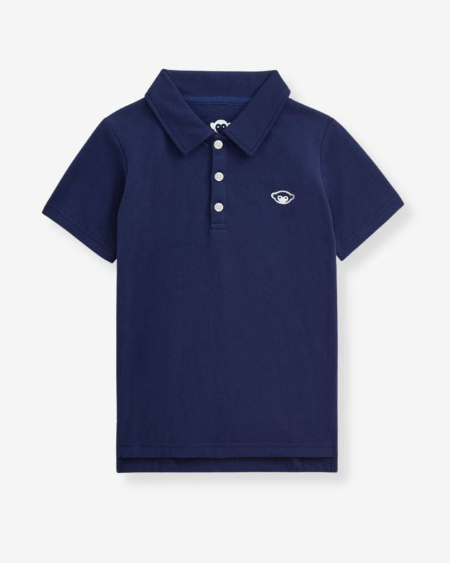 Navy blue polo shirt with a small white logo on a light gray background