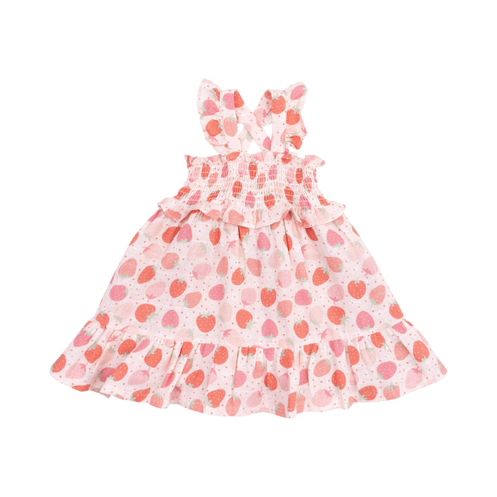 smocked sundress with ruffle at the bottom and a criss cross strap. pink/peach bodice with red and pink strawberries all over it. 