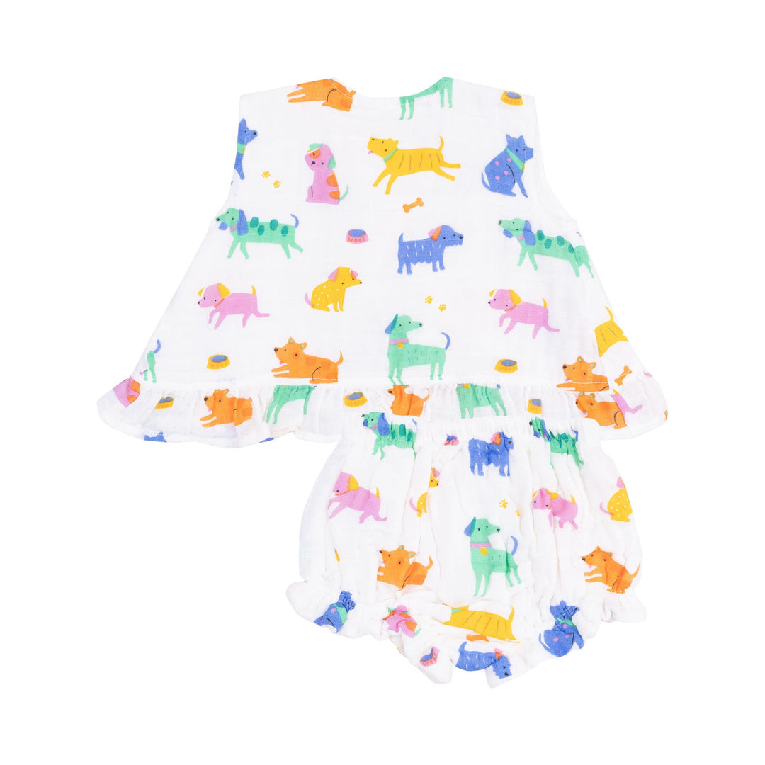 baby girl set with multi colored dogs all over the swing top and matching bloomers