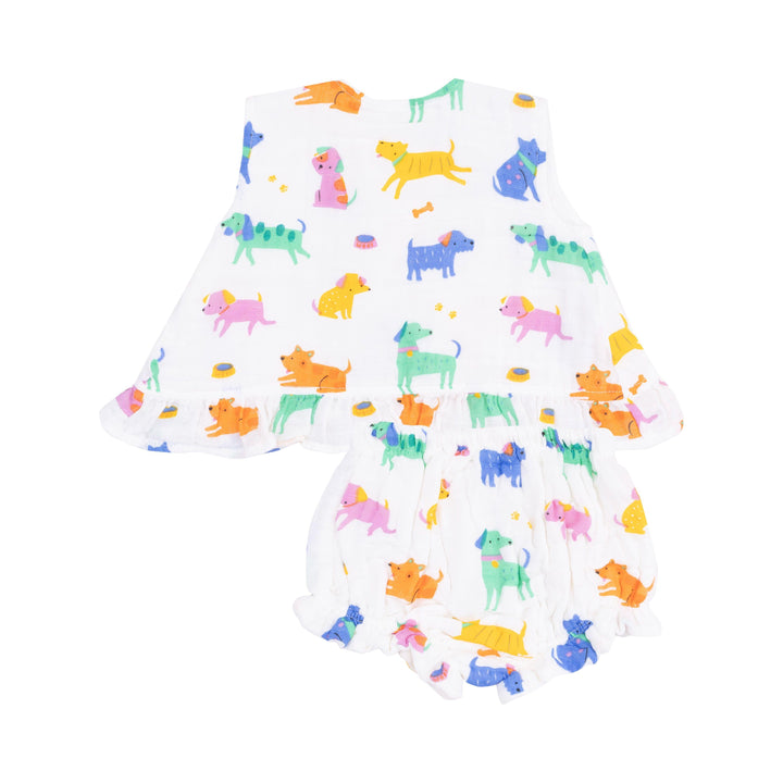 baby girl set with multi colored dogs all over the swing top and matching bloomers