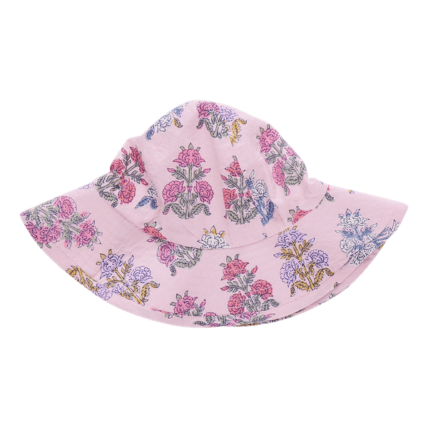 pink bohemian floral baby hat with wide brim. 